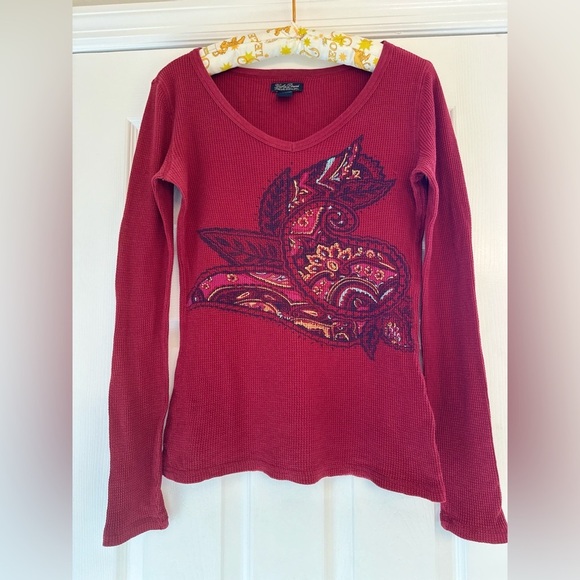 Lucky Brand Maroon Waffle Knit Tee | Size S | 90s Y2K Style Boho Long Sleeve - Picture 3 of 6